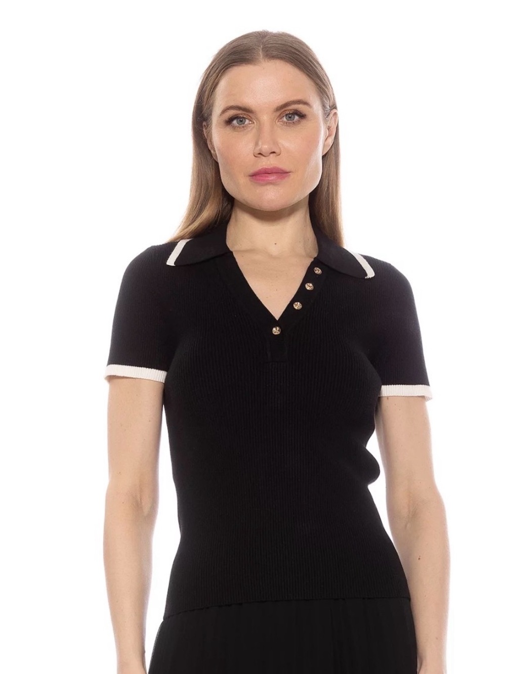 Alexia Admor Diaria Black Short-Sleeve Polo Knit Top with White Trim